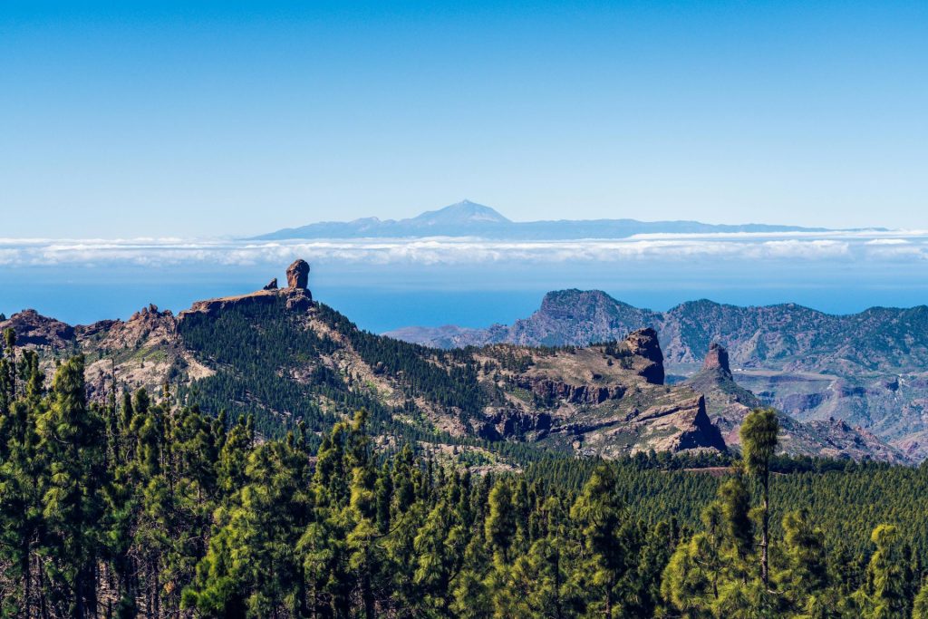 Panoramic view of Roque Nublo with Teide Volcano in the distance, showcasing rugged mountains and lush forests.